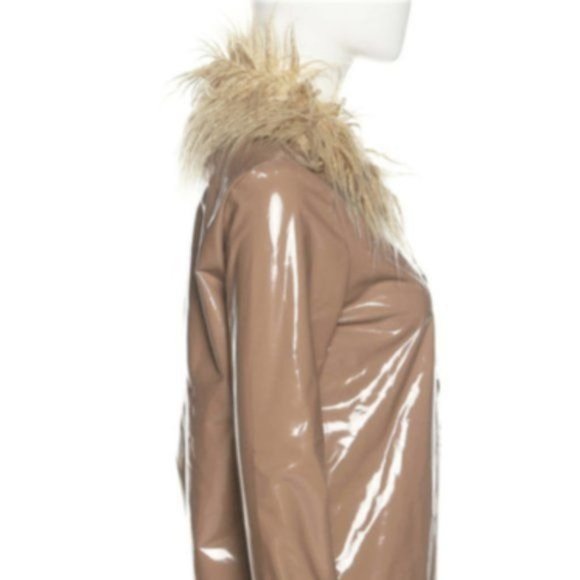 Callie Mongolian: Shiny Nude Vegan Patent Leather Faux Fur Collar Blazer - Picture 15 of 16